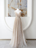 Champagne Spaghetti Strap Sequins Long Prom Dress, Shiny V-Neck Evening Dress HZ0429