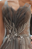Gray Tulle Strapless Long Prom Dresses, A-Line Formal Evening Dresses HZ0429