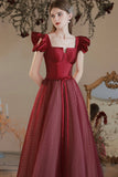 Burgundy Satin Tulle Long Prom Dress, A-Line Evening Dress HZ0429