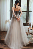 Gray Tulle Strapless Long Prom Dresses, A-Line Formal Evening Dresses HZ0429