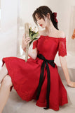 Red Satin Lace Short Prom Dresses, A-Line Evening Party Dresses HZ0429