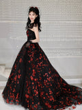 Black Tulle and Red Sequins Long Formal Dress, A-Line Strapless Evening Party Dress HZ0429