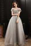 Grey Tulle Long Prom Dresses, A-Line Off the Shoulder Prom Dresses HZ0429