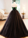 Black Strapless Tulle Long Prom Dress with Green Beaded, A-Line Formal Dress HZ0429