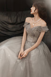 Grey Tulle Long Prom Dresses, A-Line Off the Shoulder Prom Dresses HZ0429