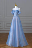 Blue Spaghetti Strap Tulle Floor Length Prom Dress, A-Line Evening Dress HZ0429
