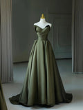 Dark Green Satin V-Neck Long Prom Dress, A-Line Strapless Evening Party Dress HZ0429