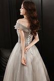 Grey Tulle Long Prom Dresses, A-Line Off the Shoulder Prom Dresses HZ0429