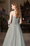 Gray Green Tulle Sequins Long Prom Dress, Beautiful A-Line Spaghetti Strap Party Dress HZ0429