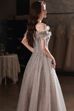 Gray Tulle Sequins Long Prom Dresses, A-Line Off the Shoulder Evening Dresses HZ0429