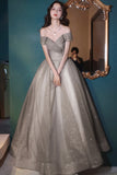 Grey Tulle Long Prom Dresses, A-Line Off the Shoulder Prom Dresses HZ0429
