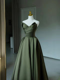 Dark Green Satin V-Neck Long Prom Dress, A-Line Strapless Evening Party Dress HZ0429