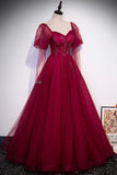 Burgundy Tulle Beading Long Prom Dresses, A-Line Formal Evening Dresses HZ0429