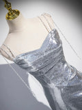 Silver Sequins Long Prom Dress, Mermaid Spaghetti Strap Evening Party Dress HZ0429