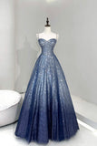 Blue Tulle Sequins Long Prom Dress, Beautiful A-Line Spaghetti Strap Party Dress HZ0429