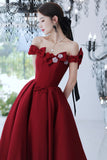 Burgundy Satin Long Prom Dresses, Cute Evening Dresses with Bow HZ0429
