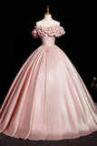 Elegant Pink Satin Prom Dresses Ball Gown, A-Line Off-The-Shoulder Backless Floor-Length Formal Dresses HZ0429