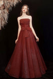 Sparkling Burgundy Tulle Long Prom Dress, A-Line Strapless Evening Party Dress HZ0429