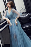 Blue V-Neck Tulle Long Prom Dreses, A-Line Evening Dresses HZ0429