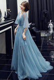 Blue V-Neck Tulle Long Prom Dreses, A-Line Evening Dresses HZ0429