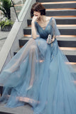 Blue V-Neck Tulle Long Prom Dreses, A-Line Evening Dresses HZ0429