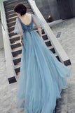 Blue V-Neck Tulle Long Prom Dreses, A-Line Evening Dresses HZ0429