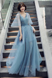 Blue V-Neck Tulle Long Prom Dreses, A-Line Evening Dresses HZ0429