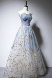 Blue Strapless Ombre Tulle Long Prom Dresses, A-Line Evening Dresses HZ0429