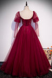Burgundy Tulle Beading Long Prom Dresses, A-Line Formal Evening Dresses HZ0429
