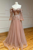 A-Line Tulle Lace Long Prom Dresses, Off the Shoulder Lace Formal Dresses HZ0429