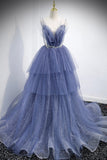 Blue Layers Tulle Long Prom Dresses, A-Line Spaghetti Straps Evening Dresses HZ0429
