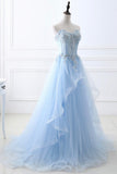 Blue Strapless Tulle Lace Long A-Line Prom Dress, Blue Evening Dress HZ0429