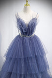 Blue Layers Tulle Long Prom Dresses, A-Line Spaghetti Straps Evening Dresses HZ0429