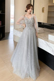 Gray Tulle Lace Long Prom Dresses, A-Line Evening Dresses HZ0429