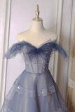 A-Line Off Shoulder Layers Tulle Long Evening Dress, Blue Formal Dress HZ0429