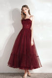 Burgundy Tulle Sequins Tea Length Prom Dress, A-Line Party Dress HZ0429