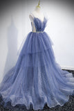 Blue Layers Tulle Long Prom Dresses, A-Line Spaghetti Straps Evening Dresses HZ0429