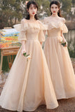 Cute Tulle Long A-Line Prom Dresses, Champagne Lace-Up Party Dresses HZ0429