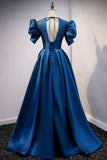 Blue V-Neck Satin Long Prom Dresses, A-Line Blue Evening Dresses HZ0429