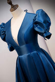 Blue V-Neck Satin Long Prom Dresses, A-Line Blue Evening Dresses HZ0429