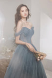 Gray Tulle Long A-Line Prom Dress, Off the Shoulder Formal Evening Dress HZ0429
