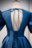 Blue V-Neck Satin Long Prom Dresses, A-Line Blue Evening Dresses HZ0429