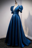 Blue V-Neck Satin Long Prom Dresses, A-Line Blue Evening Dresses HZ0429
