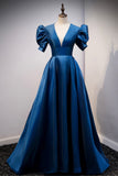 Blue V-Neck Satin Long Prom Dresses, A-Line Blue Evening Dresses HZ0429