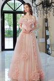Sweet Pink Tulle Long Prom Dress, A-Line Off the Shoulder Evening Dress HZ0429