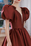 Burgundy Satin Long Prom Dresses, Lovely Puff Sleeve Evening Gown HZ0429