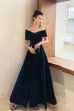 Navy Velvet Long Prom Dress, A-Line Off the Shoulder Party Dress HZ0429