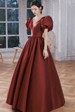 Burgundy Satin Long Prom Dresses, Lovely Puff Sleeve Evening Gown HZ0429