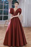 Burgundy Satin Long Prom Dresses, Lovely Puff Sleeve Evening Gown HZ0429
