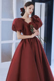 Burgundy Satin Long Prom Dresses, Lovely Puff Sleeve Evening Gown HZ0429